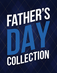 Navy argyle background with white and blue text that reads "Father's Day Collection."
