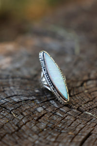 Long Pointy White Fire Opal Ring