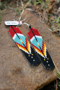 Long Beaded Maroon Feather Earrings