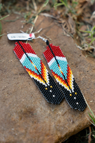 Long Beaded Maroon Feather Earrings