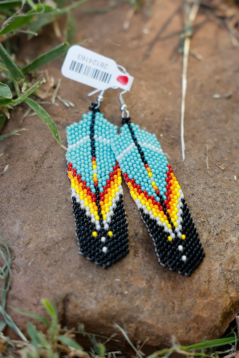 Turquoise Beaded Feather Earrings with Fire Colors