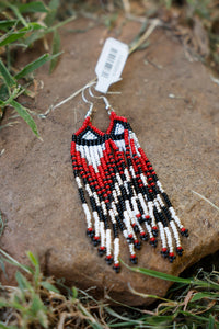 Red, White, Black, and Silver Beaded Dangle Earrings with Flat Top