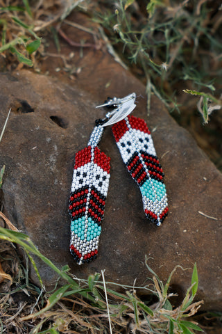 Beaded Medium Size Feather - Red, White, Black, Silver, Turquoise