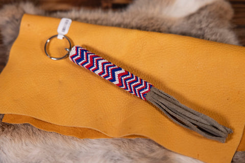 Beaded Red/White/Blue Keychain with Grey Leather Strips