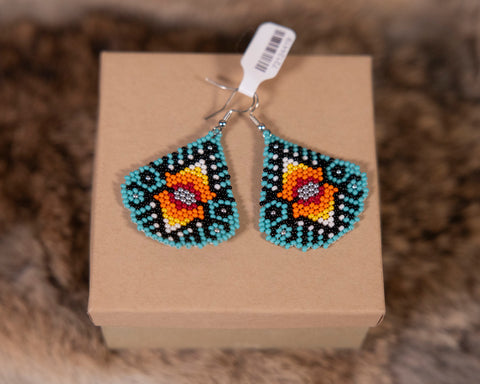 Turquoise Teardrop Beaded Earrings With Fire Color