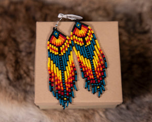 Blue Long Beaded Earrings with Fire Colors
