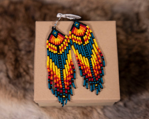 Blue Long Beaded Earrings with Fire Colors