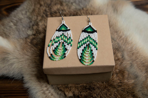 Black / White / Green Beaded Earrings with Triangle Top