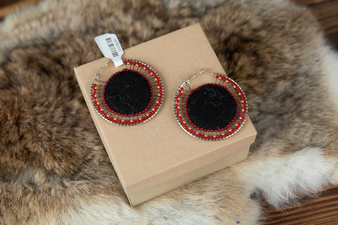 Red Round Beaded Earrings With Black Middle