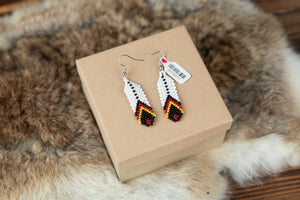 Single Beaded Feather Earrings - Black, White, Red, and Yellow