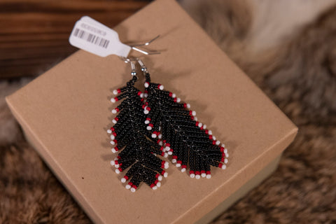 Black with Hints of Red and White Dangle Feather