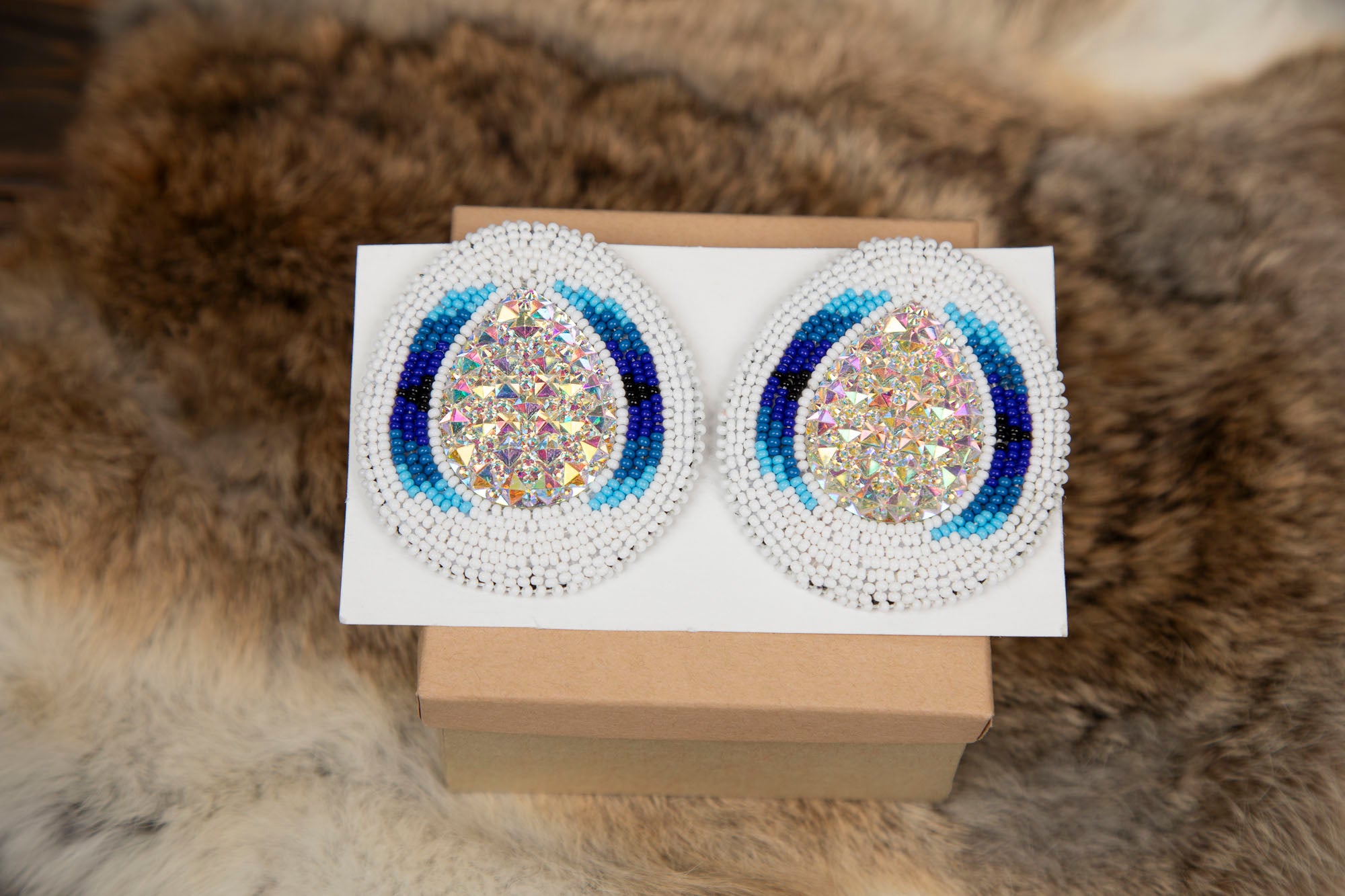 Big White Beaded Studs with Blue