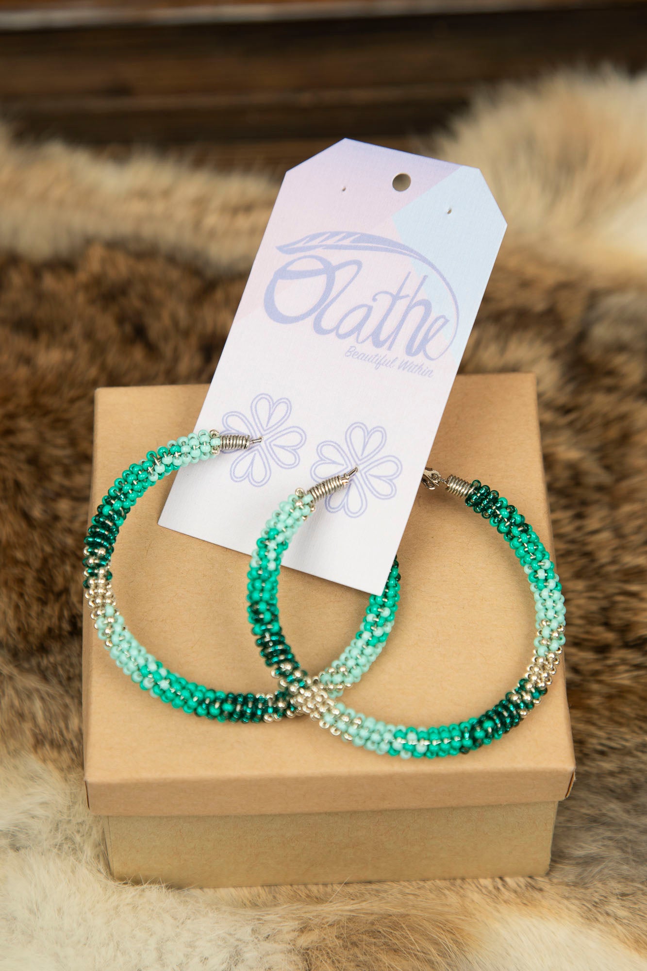 Different Shades of Green and Purple Beaded Hoops