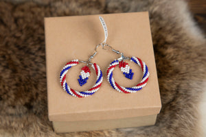 Red/White/Blue Beaded Round Earrings with Beaded Feather in Middle