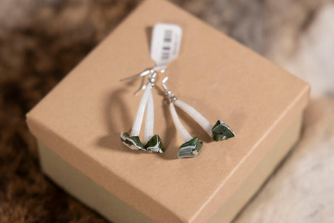 Small Dentalium Earrings with Green Stone on Bottom