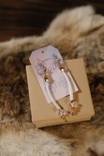 Single Dentalium Earrings with Butterflies