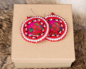 Round Beaded Earrings with Floral Middle