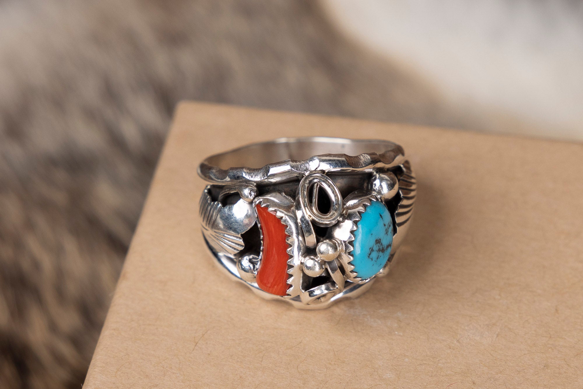 Turquoise/ Coral with Sterling Silver Ring
