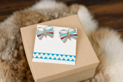 Sterling Silver Multicolor Inlay Butterfly Studs