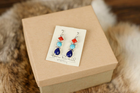 Coral/Turquoise/Blue Lapis Dangle Earrings