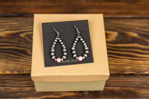 Navajo Pearl Hoop Earrings with Pink Bead