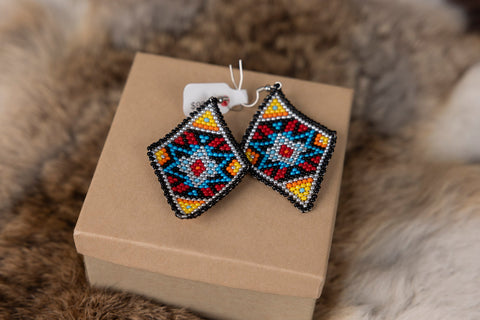 Beaded Diamond Shape Earrings with Blue and Red in Middle