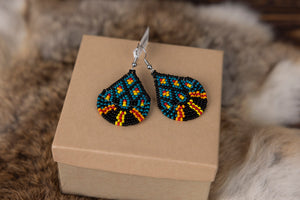 Teardrop Blue Beaded Earrings with Fire Colors