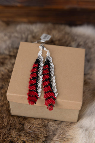 Red/Black/White/Silver Beaded Feather Earrings