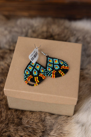 Teardrop Blue Beaded Earrings with Fire Colors