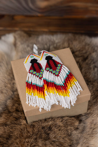 White and Fire Color Dangle Earrings with Woman in Shawl