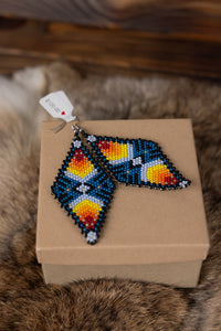 Diamond Shape Blue with Yellow/Orange/Red/Black Beaded Earrings