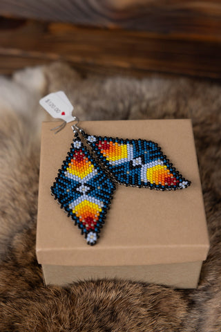 Diamond Shape Blue with Yellow/Orange/Red/Black Beaded Earrings