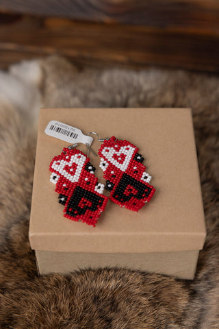Beaded Black and White Heart Earrings with Red