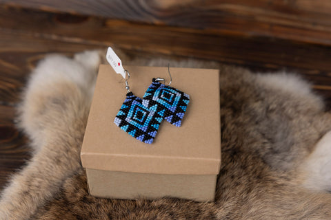 Beaded Blue and Purple Triangle Earrings