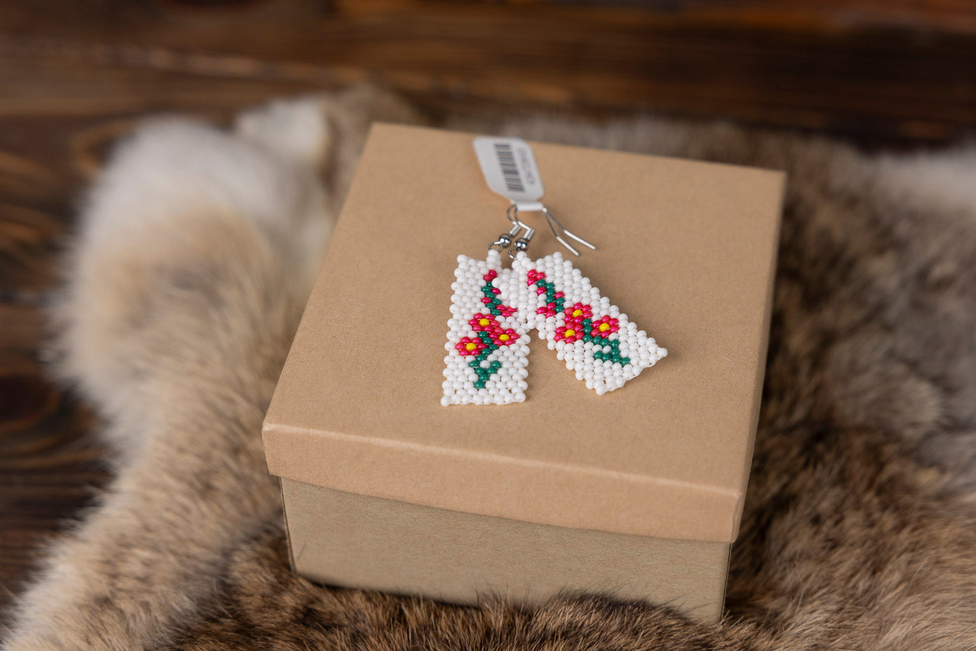 Beaded Flower Rectangle Earrings