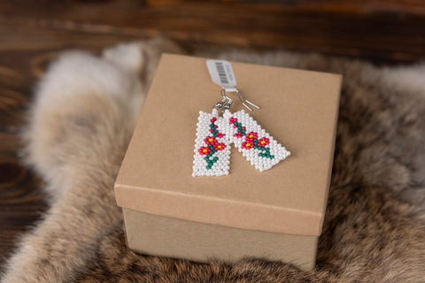 Beaded Flower Rectangle Earrings