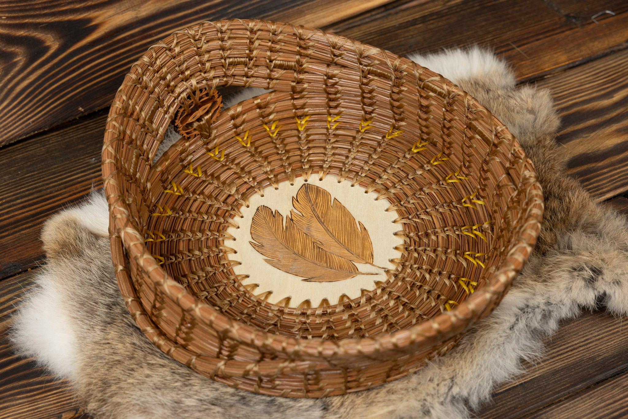 Pine Needle Basket with Feathers