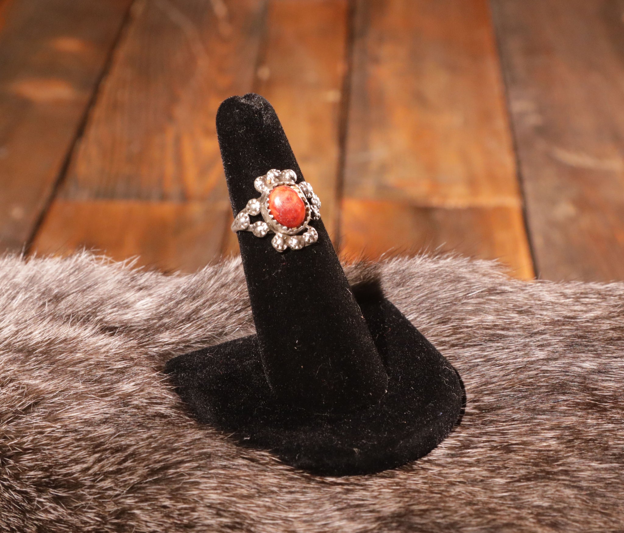 Coral Stone Set in Decorated Sterling Silver Ring