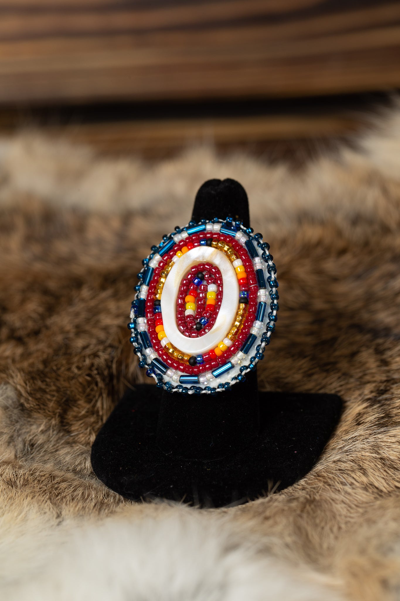 Blue and Maroon Beaded Ring