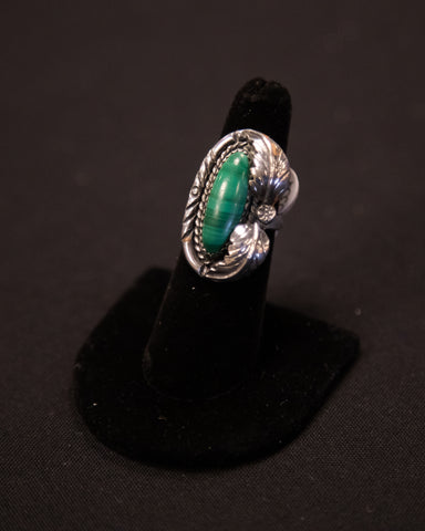 Green Malachite Stone with Sterling Silver Leaves Ring