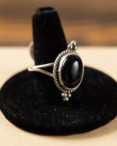 Small Black Onyx Ring with Sterling Silver Decoration