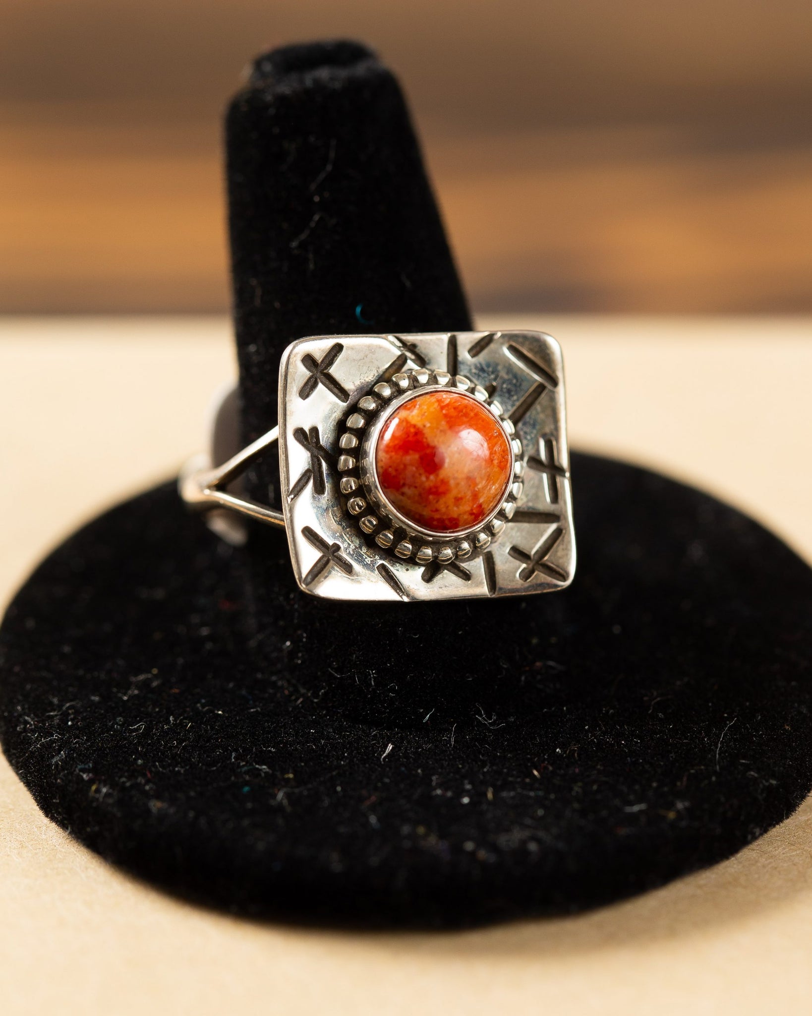 Sterling Silver Square Coral Ring